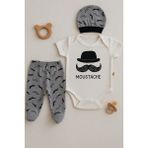 3 Lü Set %100 Pamuk 3-6 / 6-9 / 9-12 Ay Erkek Bebek Bıyıklı Zıbınlı Takım - Beyaz - Açık Gri - 6 - 9 Ay
