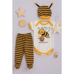 3 Lü Set %100 Pamuk 3-6 / 6-9 / 9-12 Ay Unisex Kız Erkek Arılı Zıbınlı Takım - Beyaz - Sarı - Siyah - 6 - 9 Ay