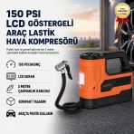 3 Metre Çakmaklık Kablolu Araç Lastik Hava Kompresörü – 150Psı Basınçlı, Lcd Göstergeli Taşınabilir Lastik Şişirme Pompası