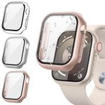 [3 Paket] Kamita Ekran Koruyucu Kılıf Apple Watch Series SE 2023/6/5/4 44 mm 9H Temperli Cam Filmli, Sert PC Tampon Kılıfları, Kadın Erkek için Çizilmez Koruyucu Kılıf (Şeffaf+Gümüş+Gül Altın)