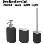 3 Parça Banyo Seti Ekoln Sabunluk, Diş Fırçalık, Tuvalet Fırçası Koyu Gri Renk Stoneware