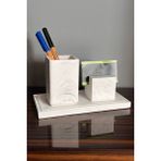 3 Parça Mermer Desenli Beton Kalemlik ve Kartvizitlik Set - Gri - Beyaz