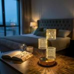 3 Parça Silindirik Kristal Ekose Kareli Led Masa Lambası – Gold Gövdeli, Dokunmatik, 3 Kademe Işık Ayarlı Şarjlı Dekoratif Lamba (5067)