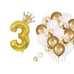 3 Rakam Gold Folyo Balon, Kral Tacı Ve Konfetili Gold Balon