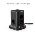 3 USB-A + 1 Type-C Çıkışlı Kule Tipi Çoklu Priz – Akım Korumalı, Tek Tuş Kontrollü Şık Tasarım