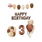 3 Yaş Happy Birthday Kahverengi Folyo Balon Bej Kahverengi Beyaz Doğum Günü Parti Seti