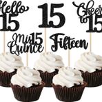 30 adet 15. doğum günü pastası dekorasyonu, parıltılı, Hello 15 Cheers to 15 Cupcake Toppers Fifteen pasta dekorasyonu, 15. doğum günü, yıl dönümü, parti, pasta dekorasyonu, siyah