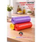 30 Adet Büyük Boy Büzgülü Çöp Torbası - Ekstra Sağlam - Limon, Lavanta, Çilek Kokulu - Renkli 65x70
