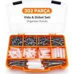302 Parça Vida ve Dübel Seti – Dın 7505 Sunta Vidaları, Kraft Plastik Dübel, Pz2×50 Bits Uç, Organizer Kutu - 1 Adet