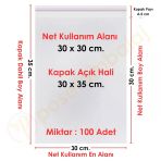 30X30+5 Cm. (30X35) 100 Adet - Şeffaf Bantlı Yapışkanlı Opp Jelatin Poşet