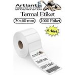 30x60 mm Barkod Etiketi Yapışkanlı 6 Adet Rulo Etiket Termal Barkot Terazi Etiketi 1000 li Barkod Yazıcılarına Uyumludur