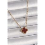 316L Çelik Gold Renk Bordo Yonca Model Kadın Kolye - Lisinya - 001-Renkli