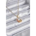 316L Çelik Gold Renk Hilal Kedi Model Zirkon Taşlı Detay Kadın Kolye - Lisinya - 001-Renkli
