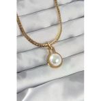 316L Çelik Gold Renk Yassı Zincir İnci Taşlı Kolye (Timya/1395) 190657
