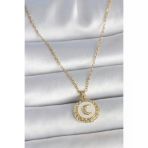 316L Çelik Gold Renk Zincir Beyaz Mineli Hilal İşlemeli Madalyon Model Kadın Kolye (Timya/1395) 192411