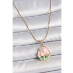 316L Çelik Gold Renk Zincir Pembe Çiçek İşlemeli İnci Detay Portre Model Kadın Kolye - Tj-Bko10125