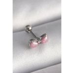 316L Çelik Gümüş Renk Pembe Kurdele Zirkon Taş Detay Tragus Piercing - Tj-Pr1295