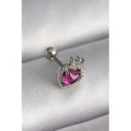 316L Çelik Gümüş Renk Pembe Mineli Zirkon Taş Detaylı Taç Tragus Piercing - Tj-Pr1263