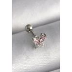 316L Çelik Gümüş Renk Pembe Zirkon Taşlı Kelebek Tragus Piercing 5886