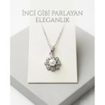 316L Çelik İnci Kolye Çiçek Tasarım Zirkon Taşlı Gümüş Renk Kadın Kolye Kutulu Hediye Paketi