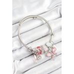 316L Çelik Pembe Zirkon Taşlı Kelebek Model Gümüş Renk Charm Bileklik - Tj-Bb7248