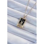 316L Çelik Zincir Altın Renk Zirkon Taşlı Siyah Mineli Kız Figürlü Tarot Kolye (Timya/1395) 191030