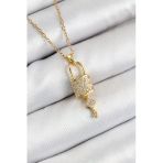316L Çelik Zirkon Taşlı Kilit Ve Sallantılı Anahtar Model Gold Renk Kadın Kolye - Tj-Bko10353