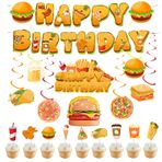 32 adet Fast-Food parti dekorasyonu, patates kızartması, pizza, hamburger, kızarmış tavuk, sosisli sandviç parti aksesuarı, doğum günü afişi, kola, balon, patates kızartması, pasta dekorasyonu, kahve
