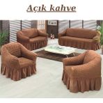 3+2+1+1 Bürümcük Koltuk Takımı Örtüsü. Etekli Streç Esnek Lastikli Çekyat Kanepe Kılıfı - 180 x 230 cm - Açık Kahverengi