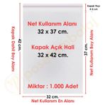 32X37+5 Cm. (32X42) 1.000 Adet Şeffaf Bantlı Yapışkanlı Jelatin Poşet