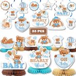 33 ADET Ayı Masalar için Orta Parçalar Ayı Petek Merkez Bebek Duş Süslemeleri | Mavi Ayı Bebek Duş Partisi Asılı Swirls Süslemeleri | Boy için Bearly Bekleyebiliriz Bebek Duş Süslemeleri