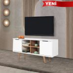 3318 Sina 130 Cm ( Ahşap Ayaklı , Metal Kulplu) Tv Ünitesi , Beyaz - Söğüt , Tv Sehpası , Salon