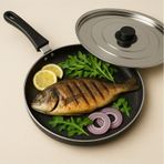 34 Cm Metal Kapaklı Granit Balık Tavası Yapışmaz Yüzey, Isıya Dayanıklı, Geniş Pişirme Alanı Siyah