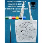 34X38 cm Boyanabilir Ham Bez El Çantası Tek Yüzey Baskılıdır 6 Renk x 15 cc Akrilik Boya 1 Fırça