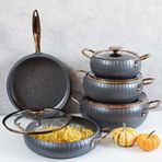 3529 Merıdıan - 9 Parça - Bio Granit, Tencere Tava Çeyiz Seti Antrasit Gövde Bakır Detay