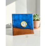 39 Art Studio Classic Ceviz & Epoksi Masa Saati – 3,5 cm Altın Kaplama Quartz Mekanizma – Tasarım Masaüstü Saat (15X15 Cm) - Mavi - Sedef