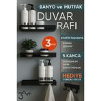 3art Metal 3’lü Banyo Rafı – Duvar Tipi Organizer - Siyah Şık Şampuan ve Aksesuar Raf Seti - Paslanmaz Metal