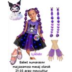 3b Kids Kuromi Işıklı Penye Kostüm Elbise Kuromi Peruk Saç Kuromi Babet Ayakkabı Mor Eldiven Seti Doğum Günü Parti - 11 - 12 Yaş