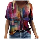 3D baskılı kadın tişörtü, yazlık, kısa kollu, V kesim, üst parça, bol tunik, bluz, renkli motifli, büyük beden tişört, kazak, üst giyim, 5-lila, XXL