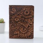 3D Kabartmalı Günlük, Ayçiçeği ve Kelebek Desenli Deri Kaplı Defter, A5 Boyut 21x15 cm, 200 Sayfa, Kahverengi