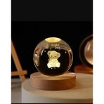 3D Kristal Cam Küre Ahşap Kaideli Gece Lambası - Ayıcık