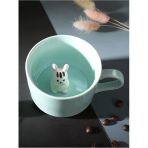 3D Sevimli Figürlü Porselen Kupa 230 ml Mint Renk Kahve Çay Kupası,turkuaz & Tavşan