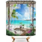 3D Sunny Beach Baskılı Duş Perdesi Set Deniz Manzarası Banyo Ekranı Su Geçirmez Banyo Perdeleri Kaymaz Banyo Mat Kaidal Halı (120 * 180 Cm) (Yurt Dışından) - Renkli
