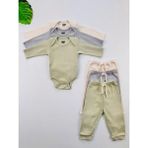 3'lü %100 Pamuklu Unisex Esnek Uzun Kol Kaşkorse Bebek Body Pantolon Takım - Gri - Krem - Nefti - 18 - 24 Ay