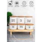 3'lü 900ML Ahşap Kapaklı Vakumlu Akrilik(PLASTİK) Çay/Kahve/Şeker ve 3'lü 400ML Tuz/Biber/Baharatlık(Ahşap Stantlı) - Beyaz