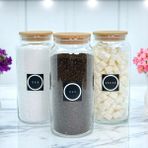 3'lü Ahşap Vakum Kapaklı Cam Çay Şeker Tuz Saklama Kavanozu 1400 ml Etiket Hediyeli - Açık Kahverengi - Şeffaf - 3 Adet