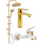 3'lü Banyo Batarya Seti Gold Robot Duş Seti - Gold Sabit Lavabo - Beyaz Gold Banyo Bataryası - Beyaz - Altın