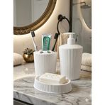 3'lü Beyaz Banyo seti, Porselen Görünümlü Plastik Sıvı/Katı Sabunluk ve Diş Fırçalık