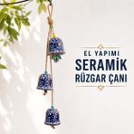3'lü El Yapımı Seramik Rüzgar Çanı, Nazar Boncuklu Bahçe ve Balkon Süsü, Jüt Halatlı Çiçek Motifli Duvar Dekoru, Kapı Önü ve Pencere İçin Dekoratif Çan, GECE MAVİSİ