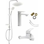 3'lü Full Lüx Set Robot - Sabit Banyo Lavabo Bataryası - Banyo Duş Bataryası Musluğu - Beyaz